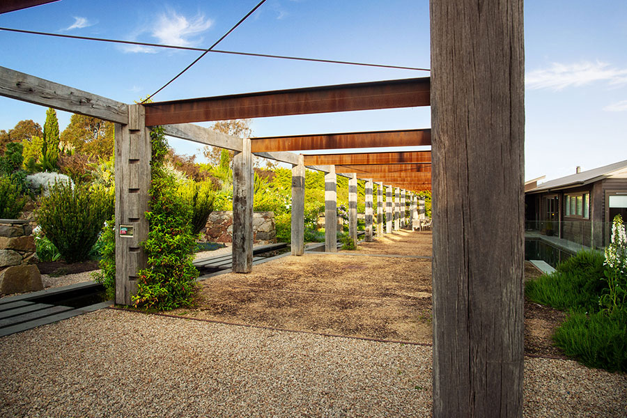 Self supporting recycled timber and steel pergola and arbor